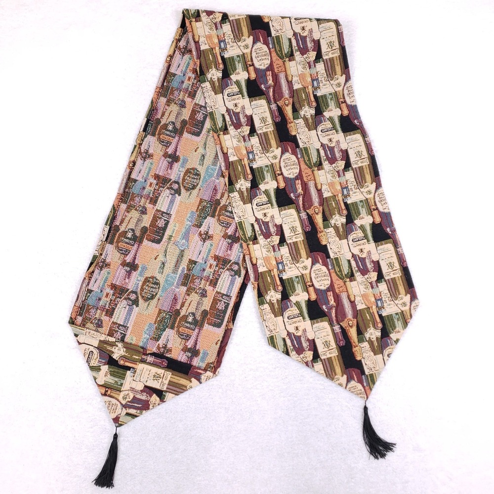 Vintage Style Wine Bottle Tapestry Table Runner 70x13‎ Tassels Tuscan Kitchen